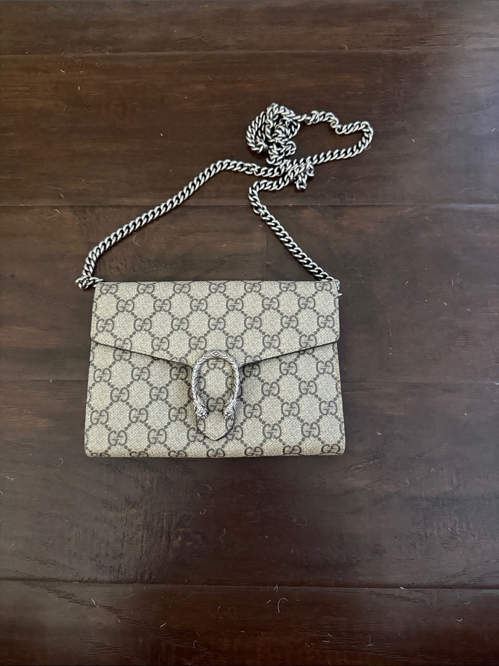 Gucci Beige GG Supreme Dionysus Crossbody with Silver Chain